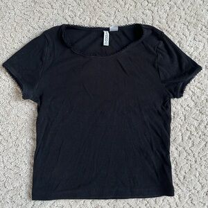 H&M Black Fitted Short Sleeve T-Shirt with Lace Trim